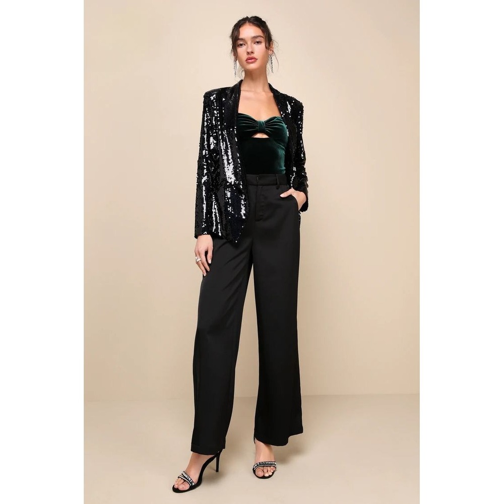 Lulus Black Holographic Sequin Open Front Blazer Jacket 122J1855 Med